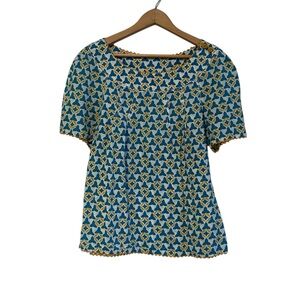Tory Burch Ruffle Cotton Blouse Shirt Yellow Blue Size 8 Women’s Short Sleeve